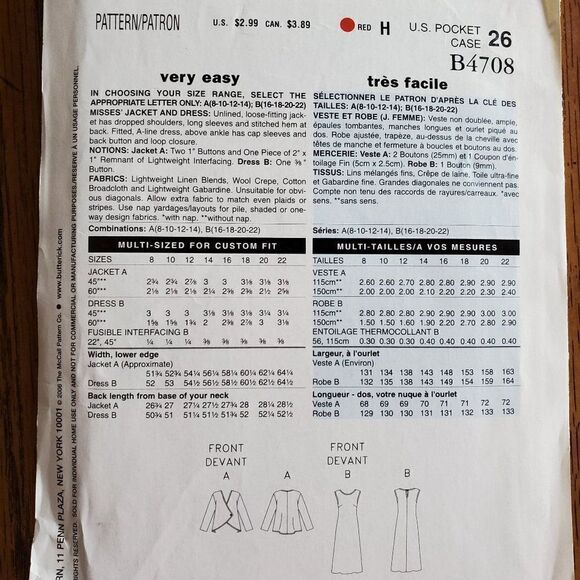 00s Butterick Pattern B4708 Uncut Drop Shoulder Jacket A Line Dress 16 18 20 22 - Picture 2 of 2